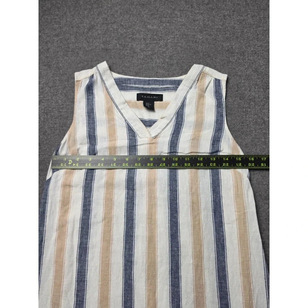 Tahari Shift Dress Womens XS Multi Striped Linen Blend Sleeveless Side Button